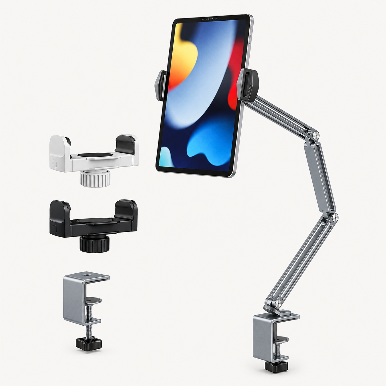 Camarlo P60 tablet stand with selectable black and white holders and desk clamp
